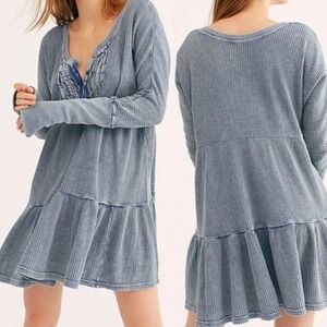 Free people blue faded waffle swing dress long sleeve oversized boho casual cozy